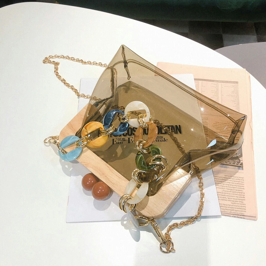 Wood Clip PVC Clear Jelly Handbag Woman New Designer Korean Acrylic Chain Transparent Jelly Shoulder Bag Clutch Female