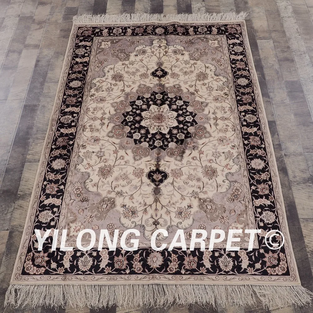 YILONG 4 'x 6' Тебриз шелковый ковер черный и бежевый ручной работы изысканный