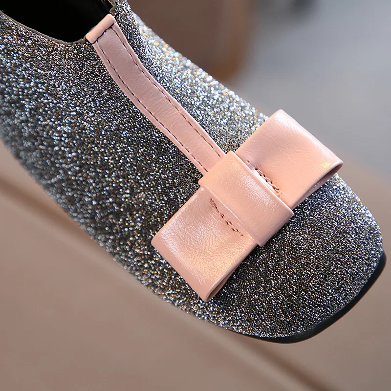 Осень-зима теплый тонкий бархат Блестящий бант ботильоны для маленьких девочек