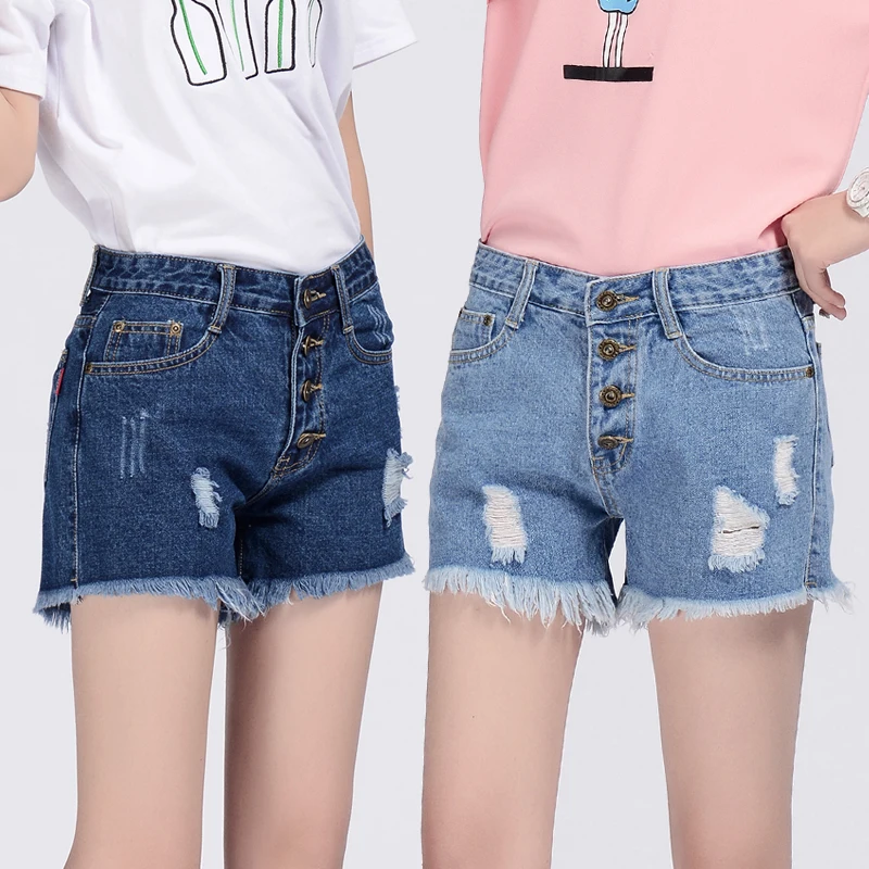 Летние женские рваные джинсовые шорты LANBAOSI с бахромой синие высокой талией