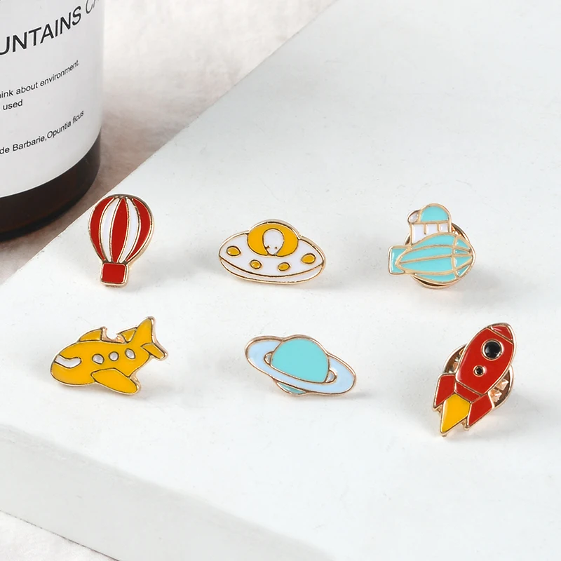 

Flying tool pins hot air balloon Airship Planet UFO aircraft rocket Enamel pins denim badges Lapel brooches jewelry kids Gifts