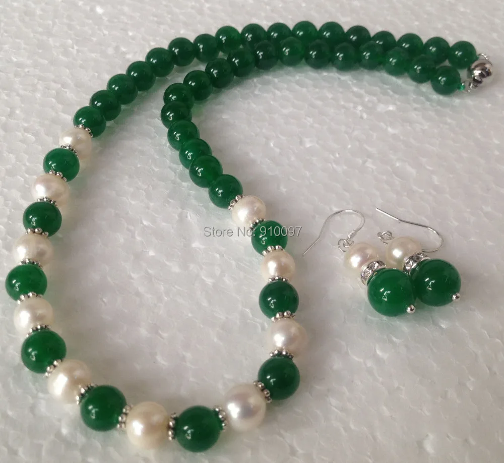 

LHX54012>>7-8mm white Akoya Pearl/Green * Fashion Necklace Earrings set