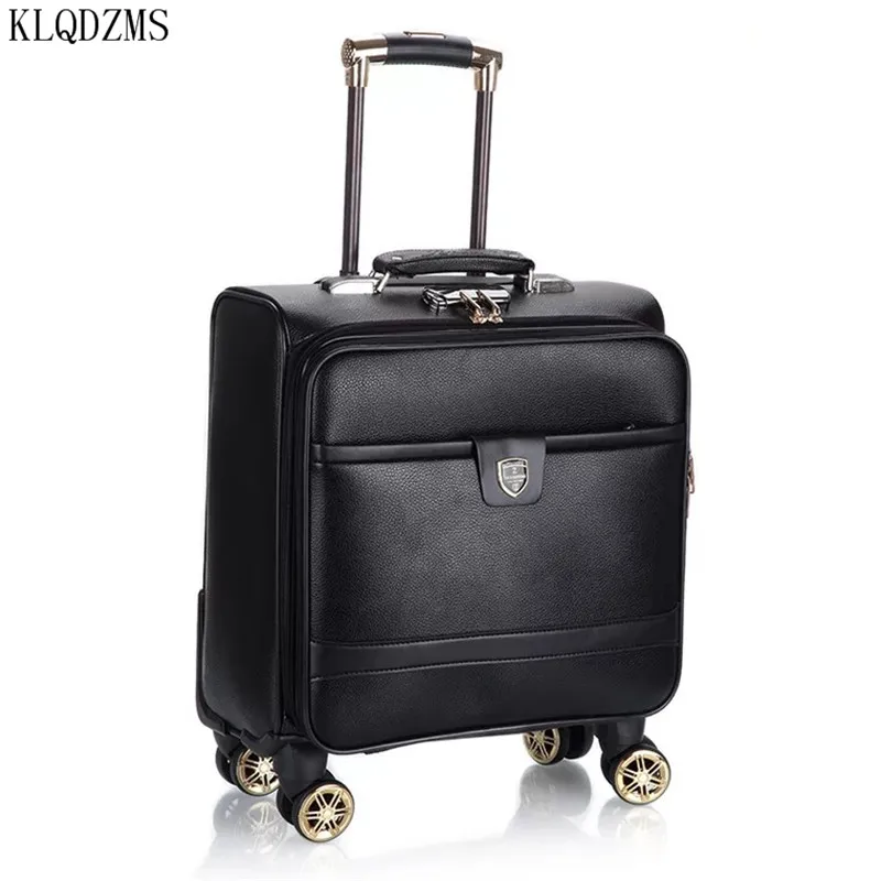 KLQDZMS 16Inch Fashion PU leather Rolling Luggage Spinner Carry On Travel Suitcase Wheel Cabin Trolley Case