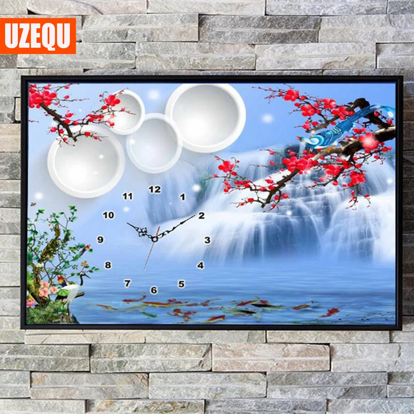 UzeQu 5D DIY Алмазная картина водопад цветок крестиком настенные часы Алмазная вышивка полная Алмазная мозаика, Стразы Декор