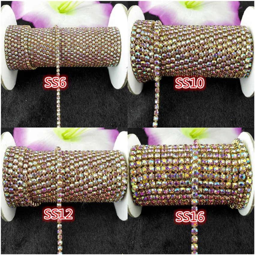 

Компактная цепь из страз для телефона, 10 ярдов, SS6/12/16, светло-фиолетовая, с кристаллами из стекла, золотого цвета, одежда