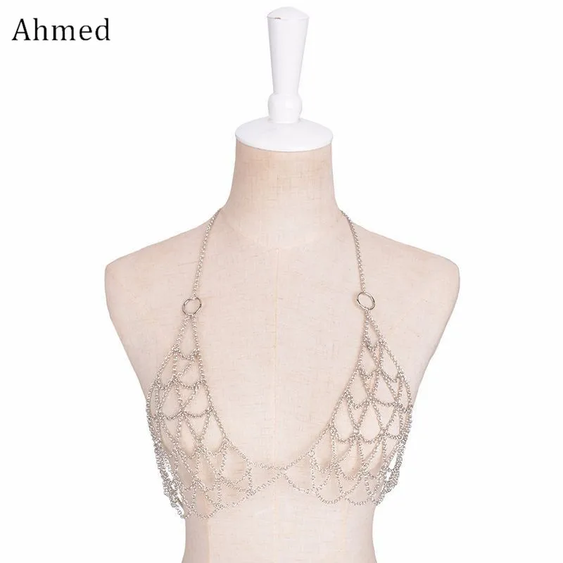 Мода от Ahmed, сексуальное пляжное бикини, сплав, грудь, цепь, бюстгальтер для женщин, дизайн, Серебристый бюстгальтер, цепь для тела, массивные украшения