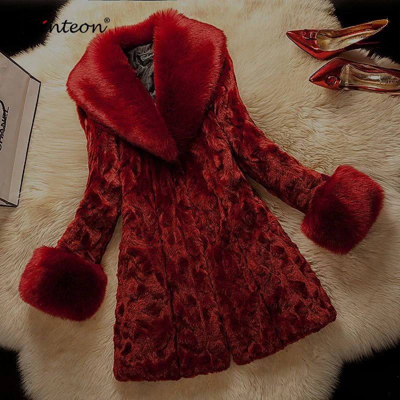 

Schinteon Winter Fur Coat Jacket Faux Rabbit Fur with Fox Fur Collar Outwear Warm Fashion S-6XL