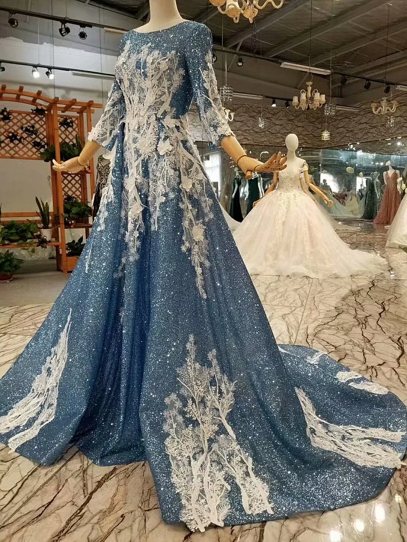 LS647401 блестящий dubai длинные вечерние платья длинный рукав o-neck простой a-line суд