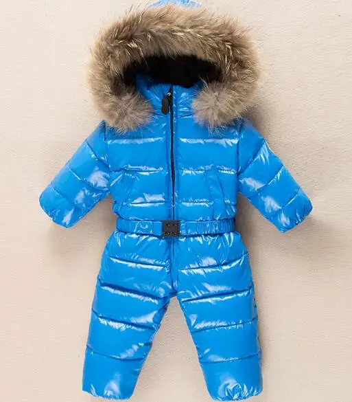 Royal Blue Зимние детские комбинезоны с капюшоном и большим воротником из меха енота, зимние теплые детские комбинезоны для младенцев на 90% белом утином пуху, лыжные костюмы - Цвет: Royal Blue