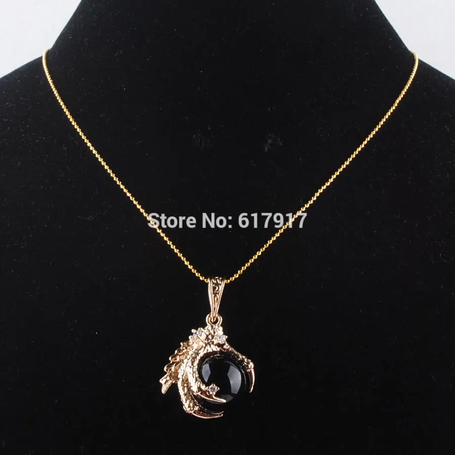 Pendant and Chain RONGZUAN натуральный черный Агаты камень круглый шар бусина с драконом коготь Кристалл Рейки чакра кулон ожерелье 1" цепь ювелирные изделия TN3091 - Окраска металла: Pendant and Chain