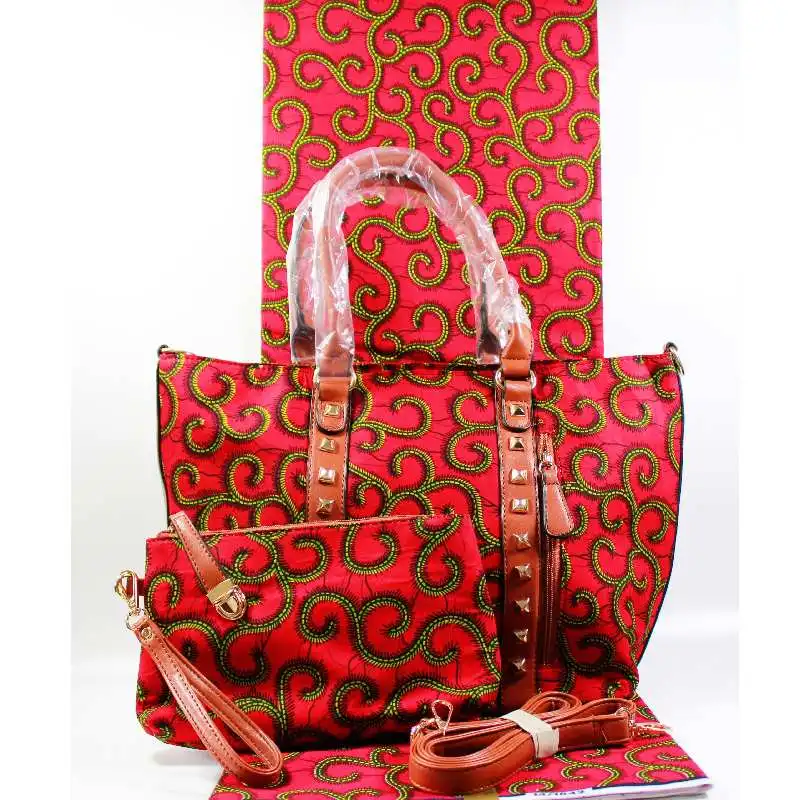 

New arrival ankara wax fabric bags 3 pieces/set, woman handbag with 6 yds african wax prints fabric for Nigerian clothes