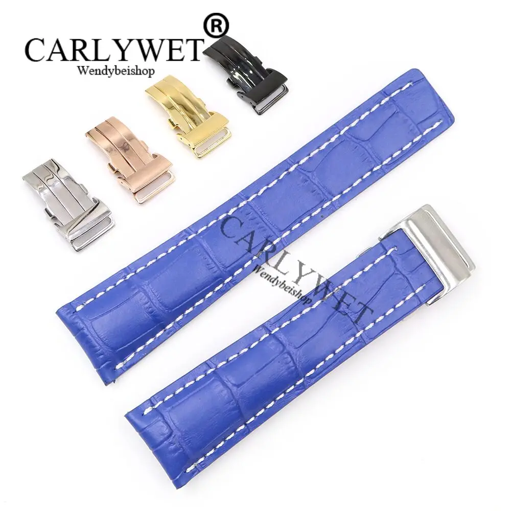 

Ремешок CARLYWET для мужских и женских наручных часов, сменный браслет из натуральной воловьей кожи, синий, 22 24 мм, для Super Ocean