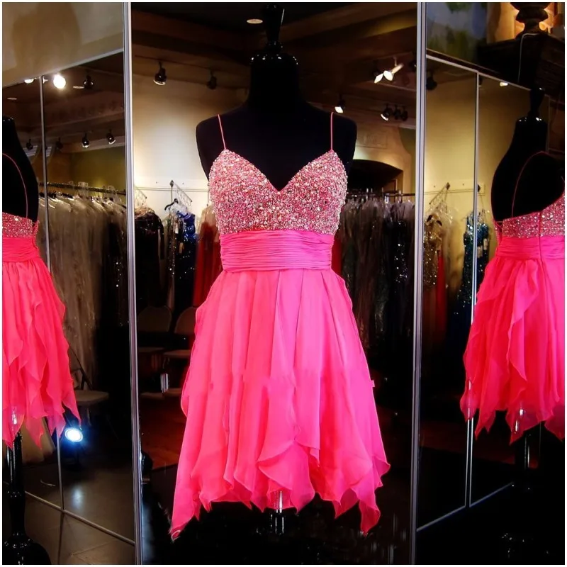 Фуксия короткие выпускные платья 2016 спагетти ремень полное бисероплетение лиф