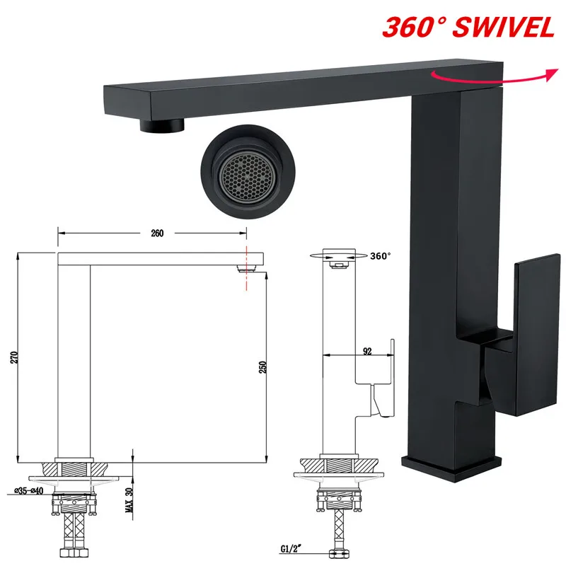 Смеситель для раковины Smesiteli латунный матовый черный кран с поворотным носиком