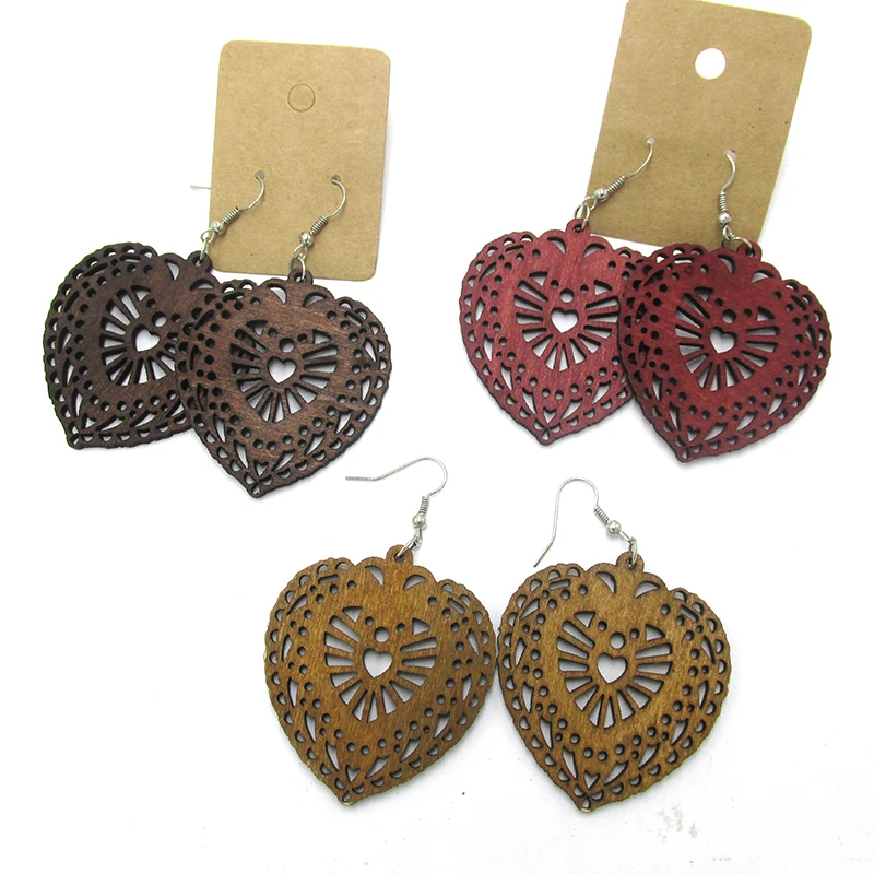 Деревянные серьги в форме сердца с лазерной резкой 3 цвета|wooden earrings|laser cut earringearring