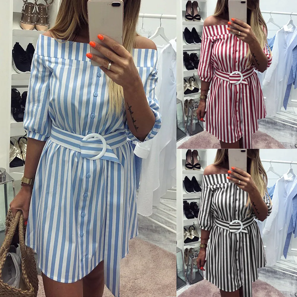 Женское летнее Полосатое платье с поясом 3/4 рукавом декольте открытыми плечами
