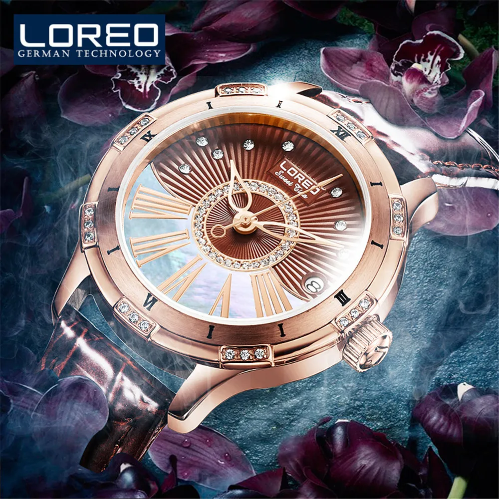 LOREO Luxury Crystal Sapphire Rose gold Case Ladies Automatic Mechanical Watch Fashion Women 50m Waterproof Wristwatches Womens