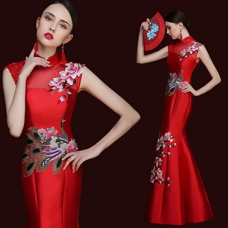 Чонсам китайский стиль длинные qipao красный Русалка Свадебные Кружева