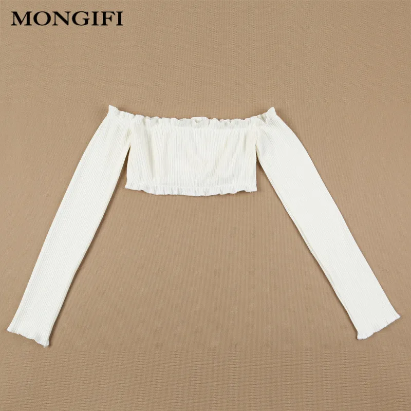 MONGIFI Ruffle Crop сексуальное бюстье футболки 100% хлопок с плеча футболка Для женщин