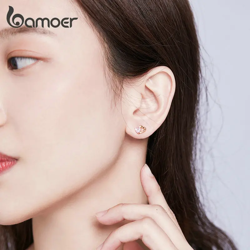 BAMOER, 925 пробы, серебро, двойное сердце к сердцу, розовый CZ, серьги-гвоздики для женщин, Brincos, хорошее ювелирное изделие, SCE090