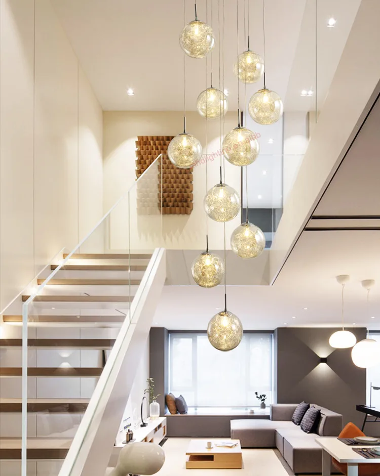 Art deco custom villa circular hand blown round glass spiral hanging high ceilings staircase modern lights for home chandelier