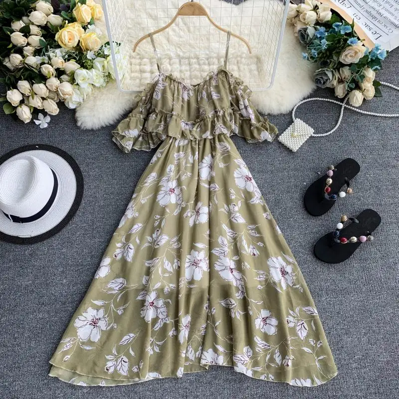 ALPHALMODA, для отдыха, шифоновое платье с принтом, с короткими рукавами, с открытыми плечами, до середины икры, женское, летнее, праздничное, повседневное, Пляжное, Vestidos
