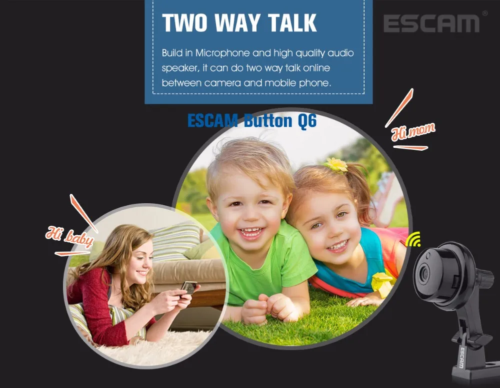 ESCAM Q6 1.0MP Кнопка мини-камера Поддержка Wi-Fi, Двусторонняя голосовая Встроенная TF карта слот, ночное видение домашней безопасности ip-камера