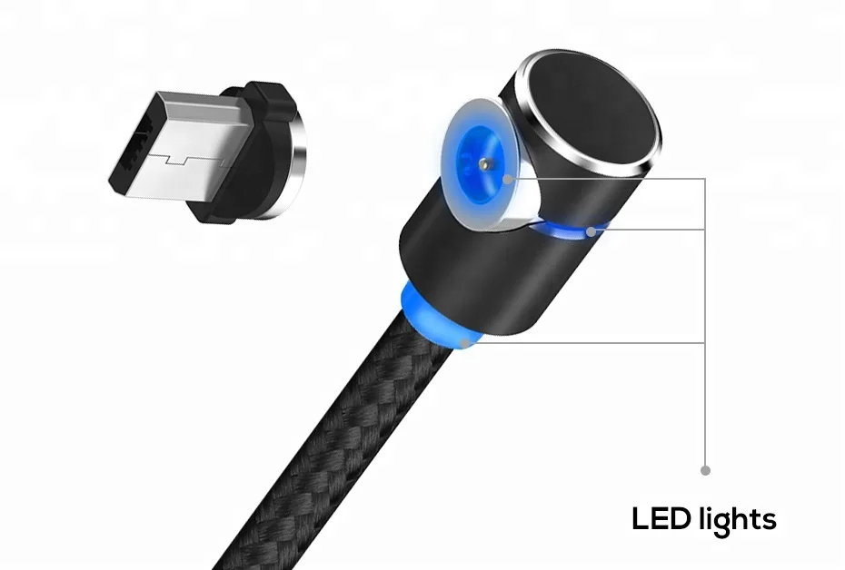 Горячая 90 градусов локоть Магнитный Кабель зарядного устройства микро-usb 3 в 1 светодиодный светильник Быстрая зарядка USB кабель