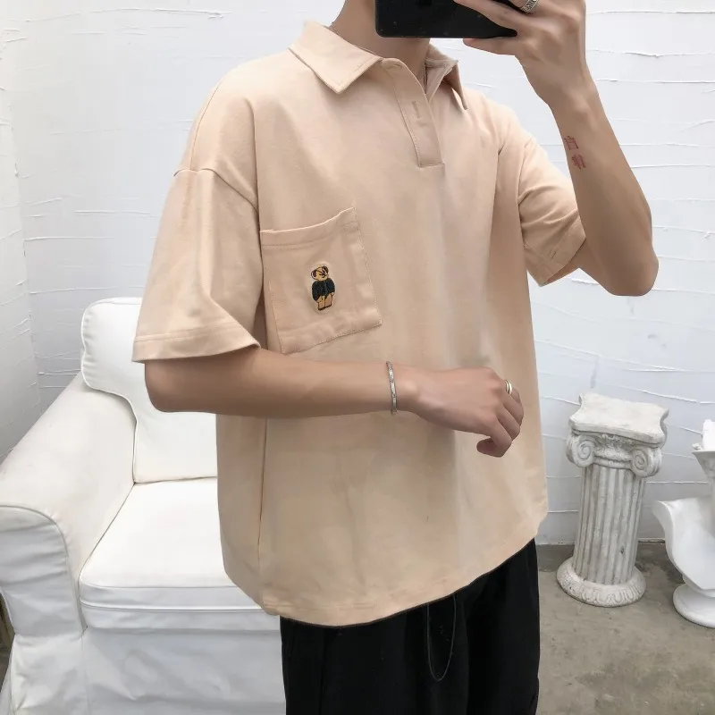 Мужская хлопковая рубашка поло с короткими рукавами свободная уличная вышивкой