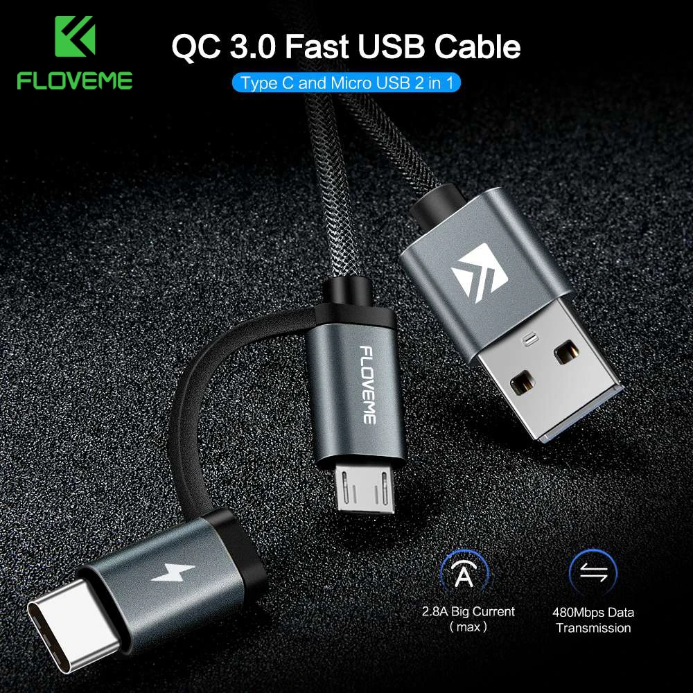 FLOVEME QC 3 0 быстрый USB кабель 2 в 1 Type C для Samsung Galaxy S9 S8 Plus Micro кабели Xiaomi Cabo зарядное