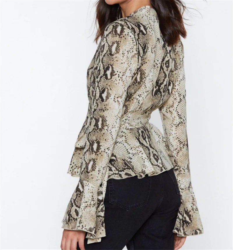 Korobov Blouse Vintage Snakeskin Print Women Shirts V-Neck Waist Lacing Blusas Feminina Flare Sleeve Mujer Tops 76642 |