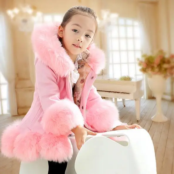 Куртка для девочек из искусственной кожи в стиле пэчворк; куртка из искусственного меха лисы; пальто принцессы; зимняя утепленная детская одежда для От 2 до 12 лет; DF765