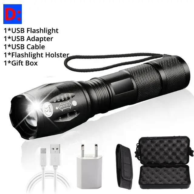 Package D Светодиодный фонарик usb светодиодный фонарь L2/T6 тактический фонарь zaklamp с аккумулятором 2400 мАч - Испускаемый цвет: Package D