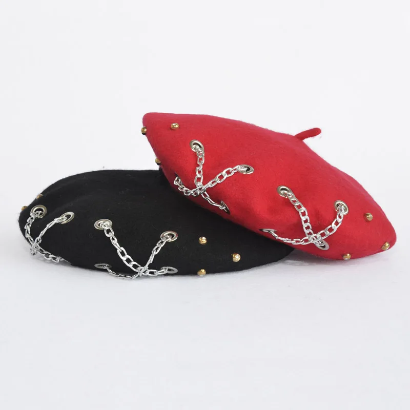 Женский винтажный беретик с цепочкой 100% шерсть теплые береты в стиле панк на зиму