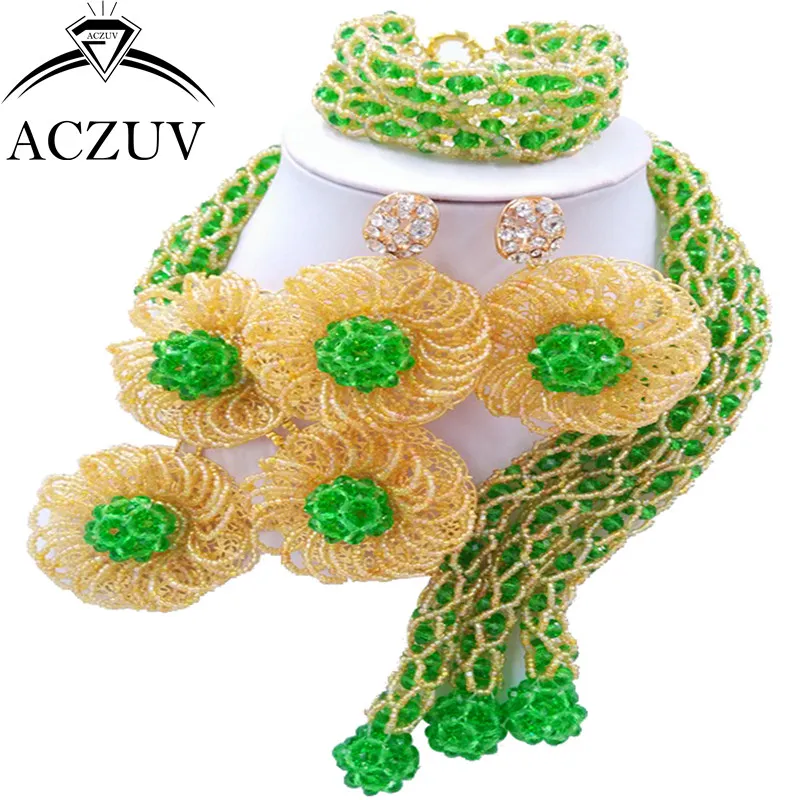 

ACZUV Latest African Beads for Wedding Green Gold AB Crystal Nigerian Jewelry Set Necklace and Earrings C3F006