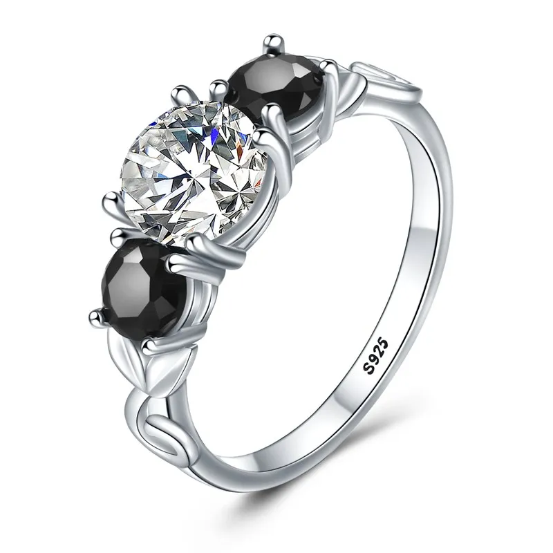 

Black Awn 2022 New Fower Silver Color Fashion Jewelry Engagement Black Spinel Round Engagement Ring for Women G090