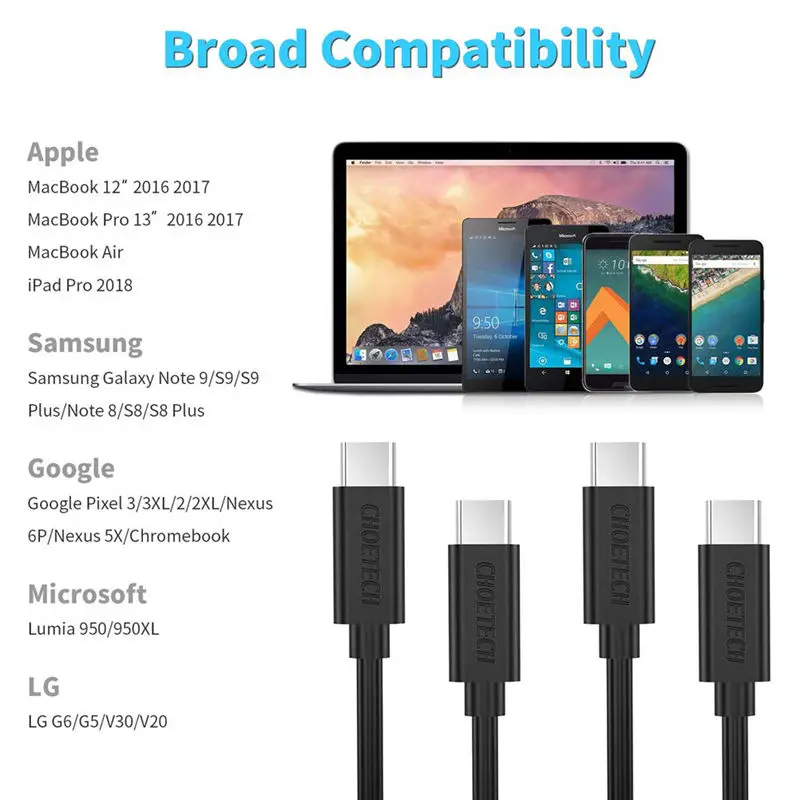 Choetech Usb C кабель Type для быстрой зарядки совместим с Ipad Pro Galaxy Note 9 S9 + S8 Google Pixel 3/Pixel 2/X |
