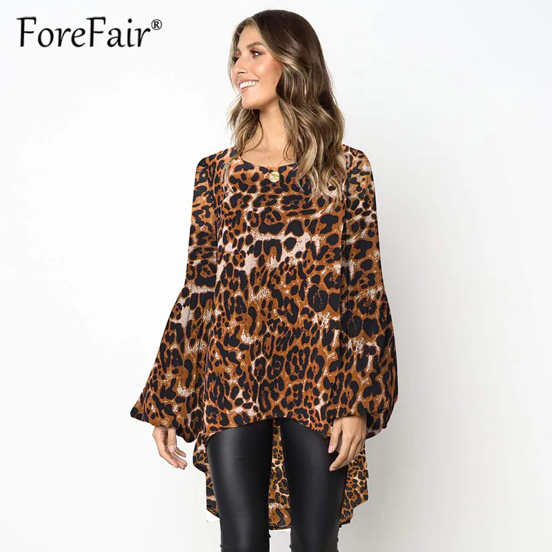 Forefair винтажные леопардовые блузки рубашки для женщин круглый вырез длинный