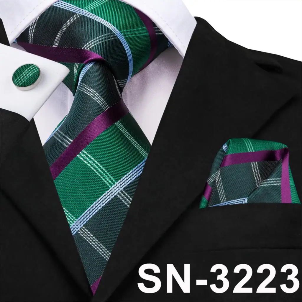 SN-3223 Hi-Tie Мужской Шелковый галстук клетчатый зеленый/синие галстуки Hanky набор запонок подарок полосатый галстук подарок для свадебной вечеринки Прямая поставка - Цвет: SN-3223