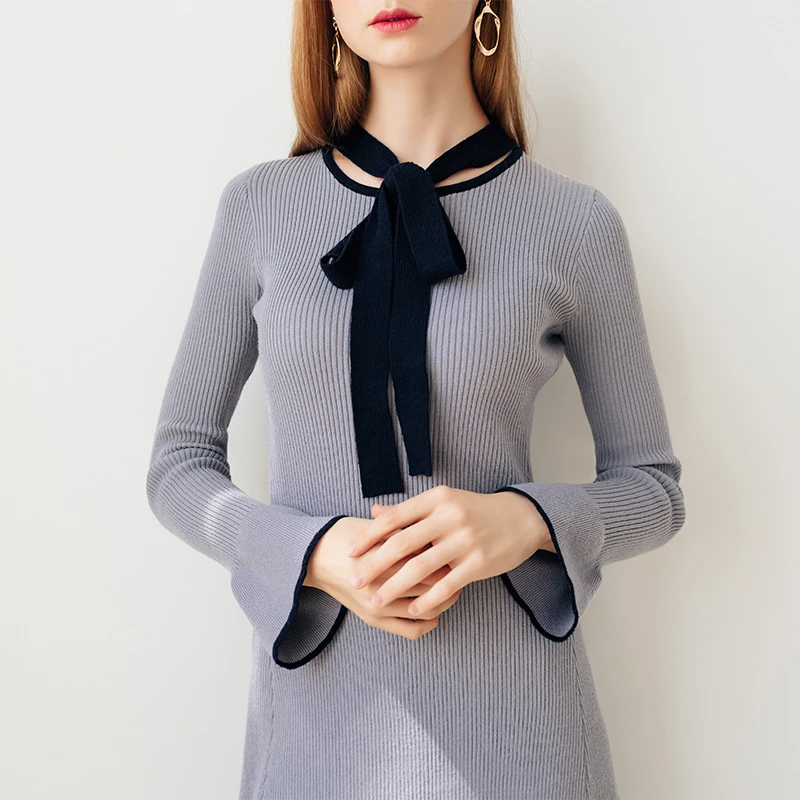 Onlyplus зимнее вязаное длинное платье для женщин с бантом из кусков расклешенными