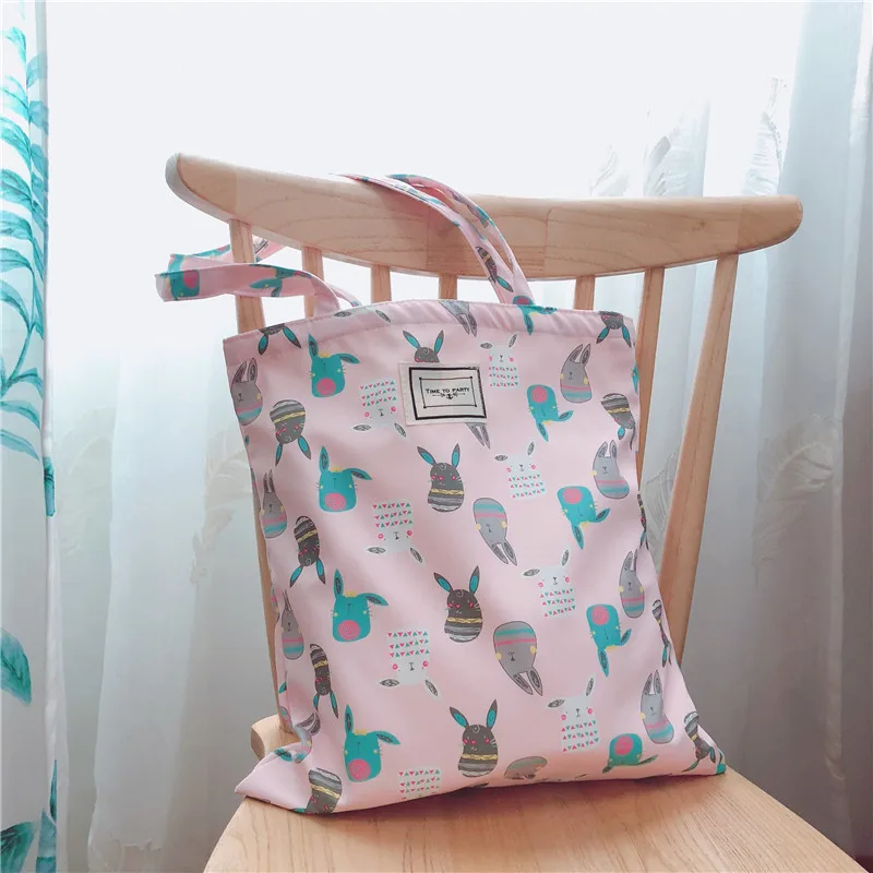 Water-proof Canvas Eco Shopping Tote Shoulder Bag Print Cartoon Bunny Pink Gray ZJ | Багаж и сумки