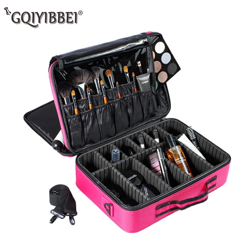 GQIYIBBEI, портативный органайзер для макияжа, коробка для хранения, 3 слоя, с регулируемым плечом, набор кистей, косметика для ногтей, инструменты для красоты