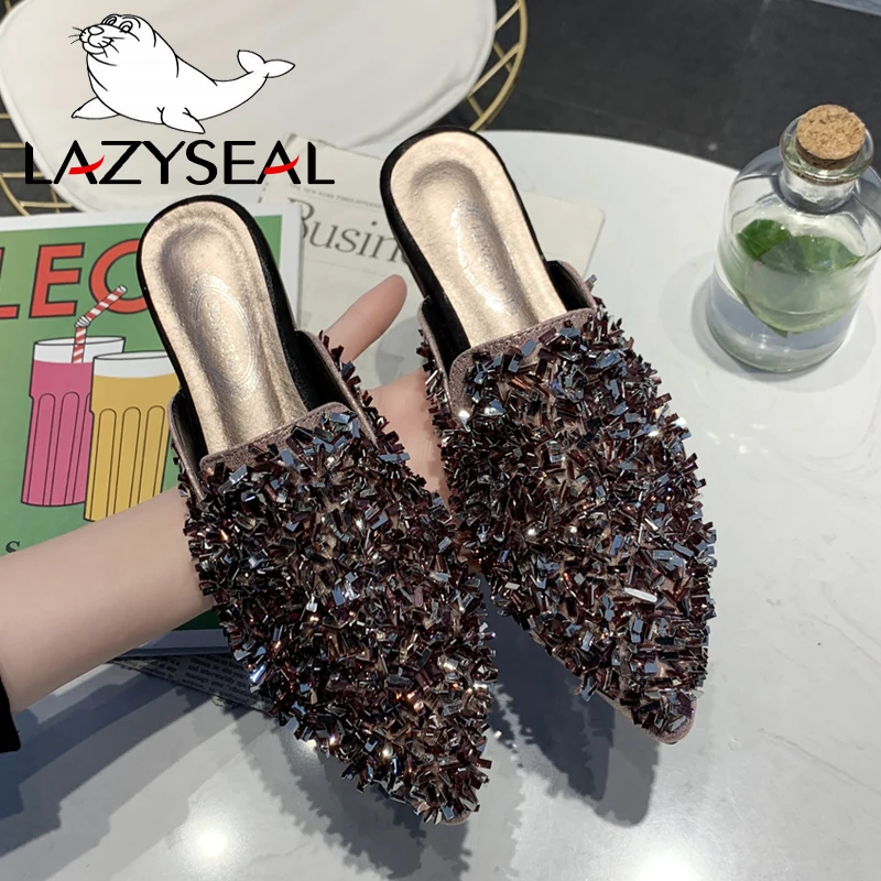 LazySeal женские туфли без задника с острым носком шлепанцы кристаллами роскошные