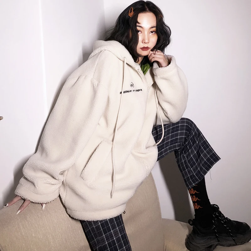 

Winter women's new Large size beige lamb terry ring plush coat female hair Medium length hooded zipper Plush coat female w47