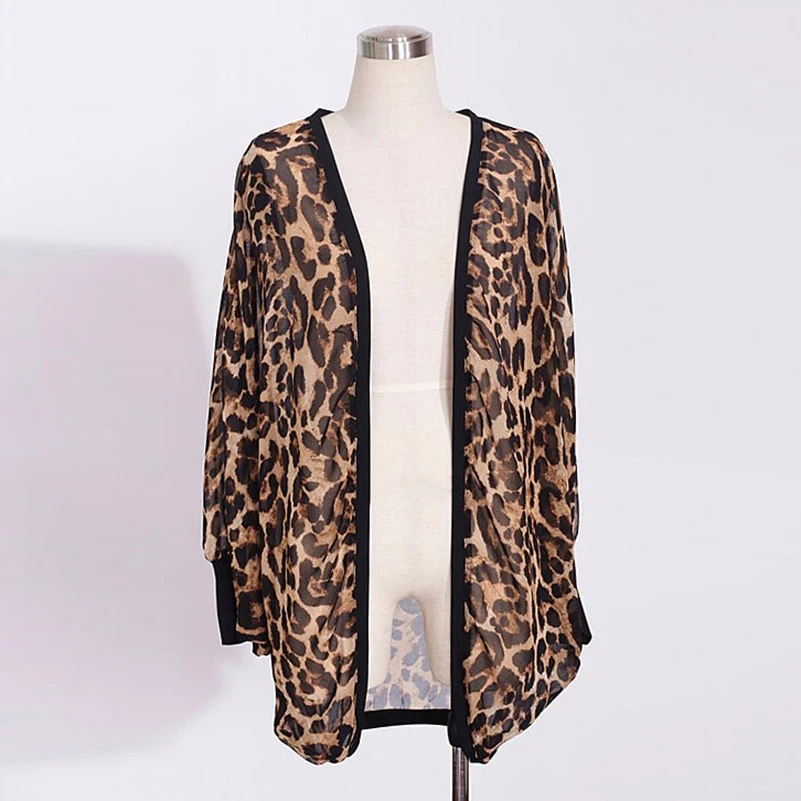 Женская шифоновая блузка с леопардовым принтом длинным рукавом летучая мышь |