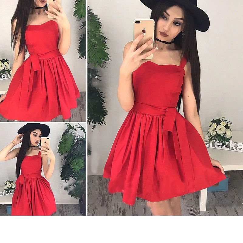 Women Vintage Sashes Spaghetti Strap Pleated Dress Sleeveless A line Solid Casual Mini 2018 Summer Fashion  Женская