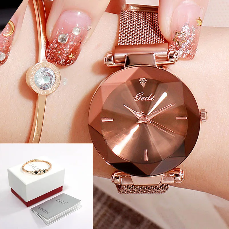 Rosegold brown box GEDI Магнитный сетчатый ремень женские наручные часы Элегантные кварцевые женские часы модные водонепроницаемые часы женские новые брендовые reloj mujer - Цвет: Rosegold brown box