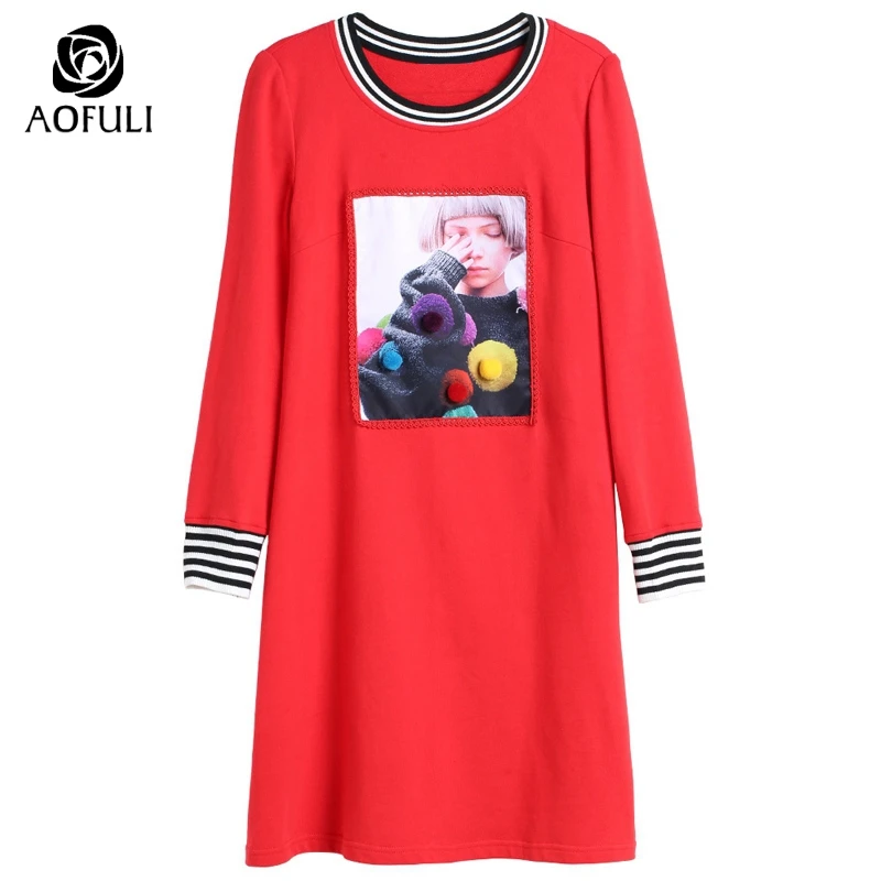 AOFULI L-XXXL 4XL 5XL красное женское хлопковое платье на осень и зиму с длинным рукавом
