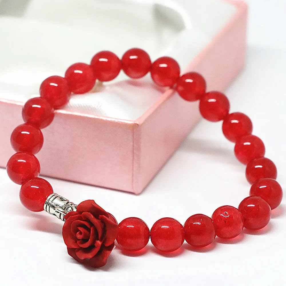 Распродажа Подарочный браслет из красного халцедона круглые бусины цветочная