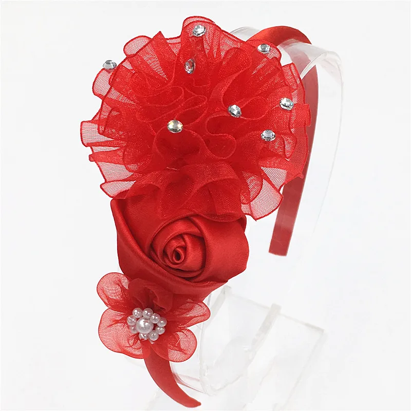 Модный обруч для девочек шифоновый с ромбовидным цветком розовая шифоновая